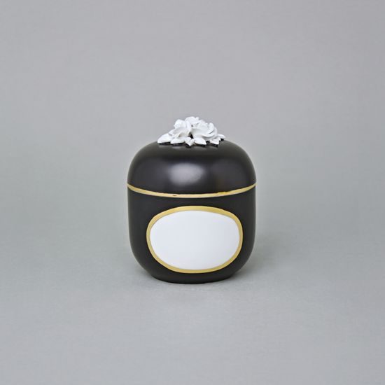 Dóza s bílými růžemi 11 x 9 cm + okénko pro nápis, Černý fond + zlato, Porcelán Duchcov
