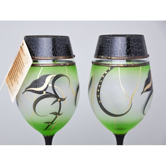 Studio Miracle: Wine Glasses Green, 2 pcs. 250 ml, Hand-decorated by Vlasta Voborníková