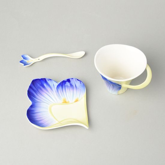 Winter crocus design sculptured porcelain cup and saucer + spoon, FRANZ Porcelain