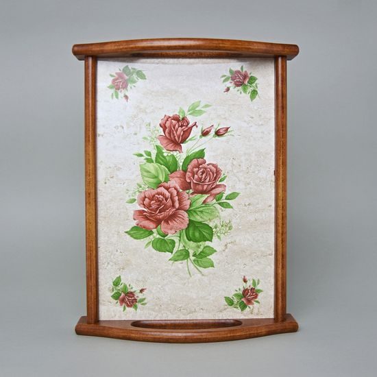 Kuchyňský podnos / destička / prkénko v dřevěném rámu 31 x 24 cm, dekor tmavě červené růže, česká ruční výroba