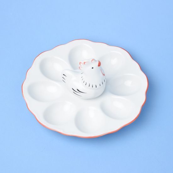 Tray for 8 eggs with a Hen figurine 20 cm, Queens Crown porcelain