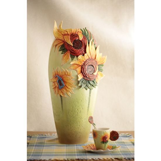 Van Gogh Sunflowers design sculptured porcelain large vase 51 cm, FRANZ Porcelain