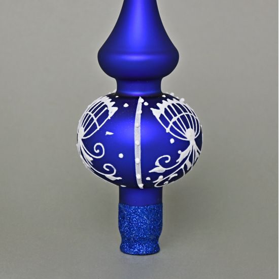 Onion Pattern Christmas Tree Glass Tip 25 cm, Matt Blue, Czech Hand Made Decorations