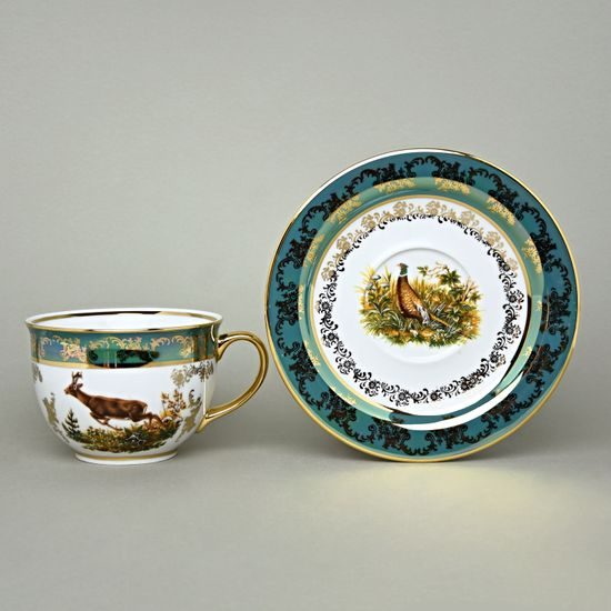 Olga: Cup 400 ml breakfast and saucer 19 cm, hunting green, porcelain Bohemia