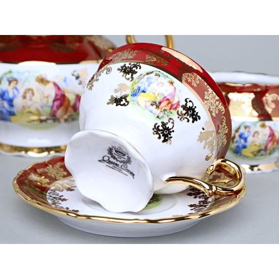 Čajová souprava pro 6 osob, Tři Grácie, zlatý listr + rubín, porcelán QueensCrown