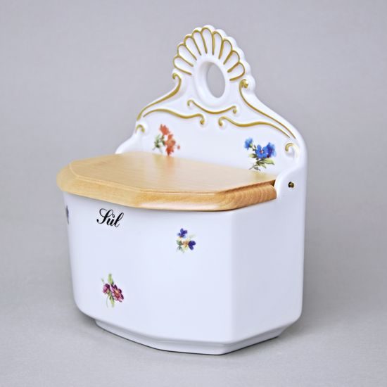 Slánka závěsná s dřevěným víčkem s nápisem Sůl 0,70 l, Rakouská házenka, Český porcelán a.s.