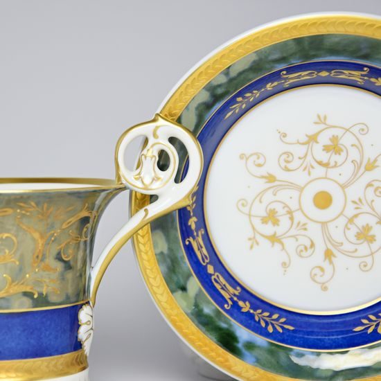 Cup and Saucer Johan, Prague 1874, 200 ml, Gold Etching, hand-painted by Roman Široký, Haas a Czjzek Porcelain