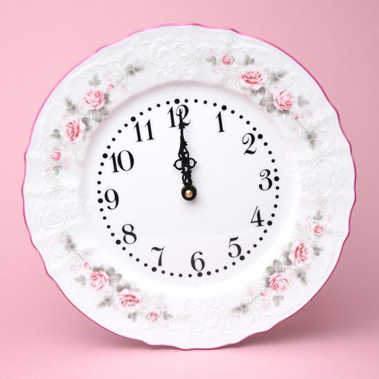 Růžová linka: Hodiny nástěnné 27 cm, Thun 1794, karlovarský porcelán, BERNADOTTE růžičky