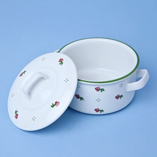 Soup cup / kettle 500 ml with handles and lid, red flowers + green, G. Benedikt 1882