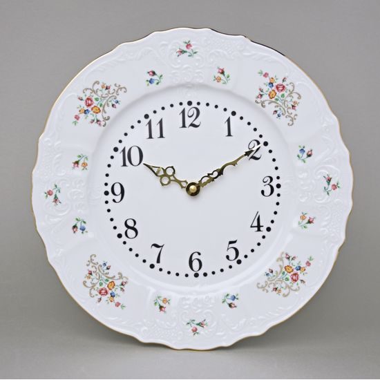 Clock wall 27 cm, Thun 1794 Carlsbad porcelain, BERNADOTTE flowers with gold