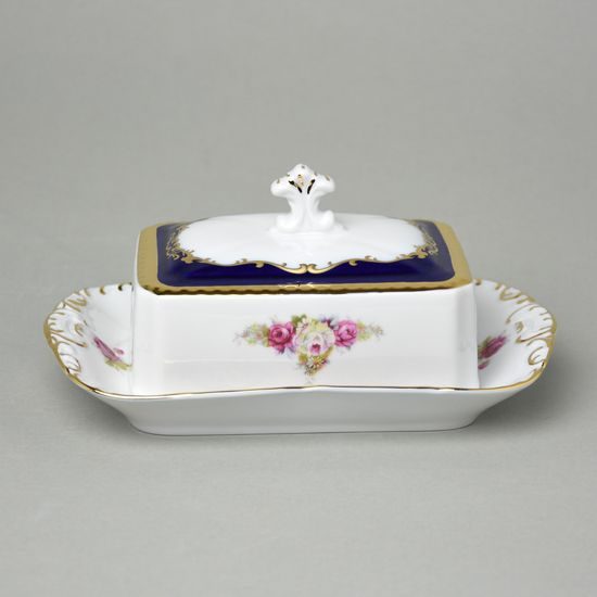 440: Butter dish for 250 g butter, Sonáta, cobalt + gold + roses, Leander Loučky