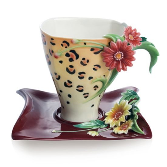 Jewels of the jungle leopard design sculptured porcelain cup/saucer set, FRANZ Porcelain