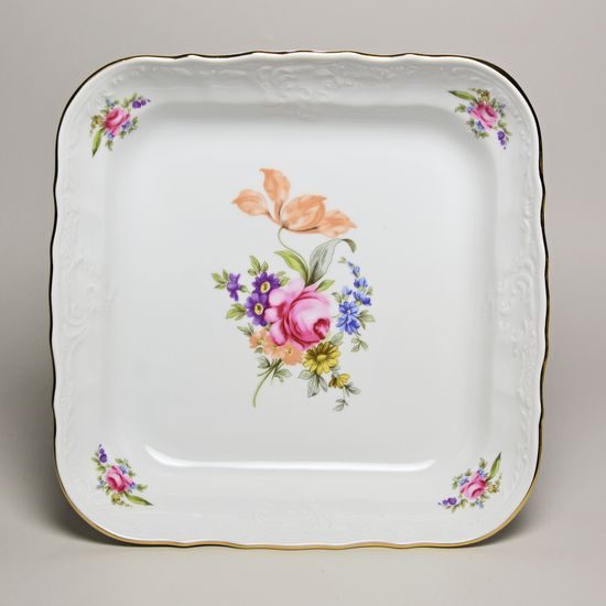 Bowl square 25 cm on stand (h 13 cm), Thun 1794 Carlsbad Porcelain, BERNADOTTE Meissen Rose