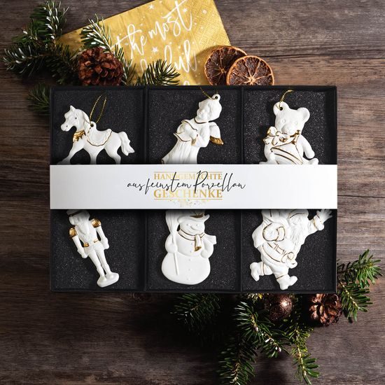 Sada vánočních ozdob z biskvitového porcelánu + zlato, Unterweissbacher Werkstätten für Porzellankunst