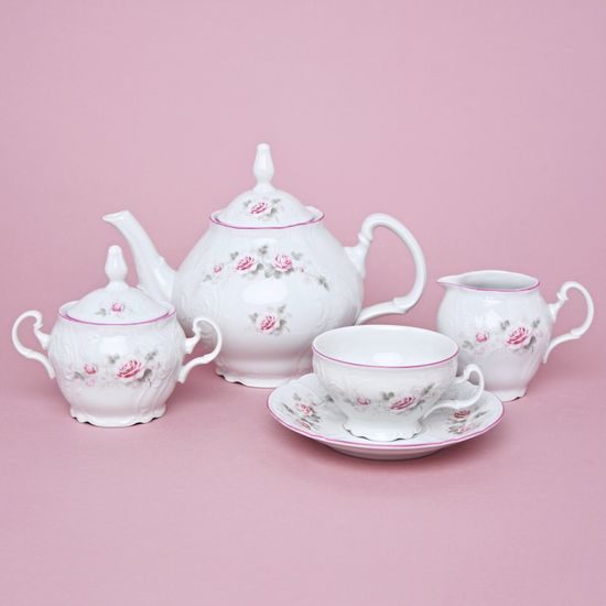 Pink line: Tea set for 6 persons, Thun 1794 Carlsbad porcelain, BERNADOTTE roses