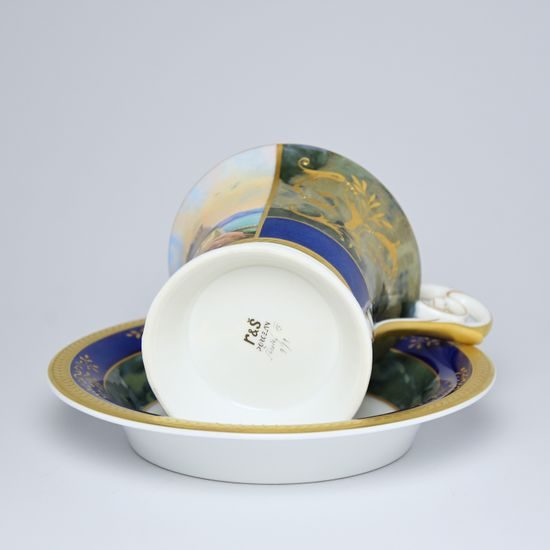 Cup and Saucer Johan, Prague 1901, 200 ml, Gold Etching, hand-painted by Roman Široký, Haas a Czjzek Porcelain