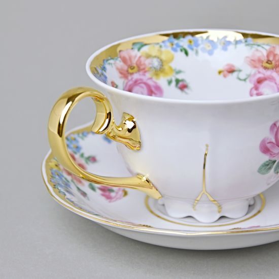 Cup 200 ml And Saucer Aneta, Gold + Flowers, Hand-decorated by Vilém Janoušek, Český porcelán a.s