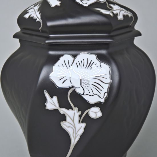 Dóza / Urna šestihran 20 x 14,5 x 13 cm , Černý fond + platina, Porcelán Duchcov