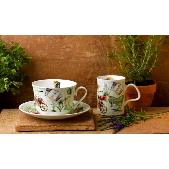 Na zahradě: Šálek 420 ml a podšálek 17 cm snídaňový, anglický kostní porcelán Roy Kirkham