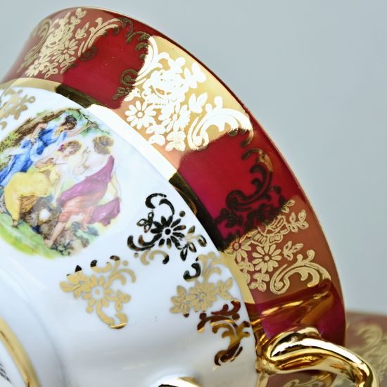 Cup 200 ml tea + sacuer, The Three Graces, gold + ruby red, Queens Crown
