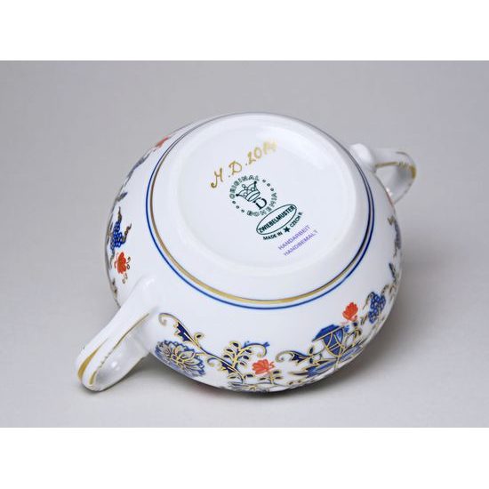 Cukřenka s oušky s víčkem bez výřezu 0,30 l, rubínová červeň + zlato + cibulák, Český porcelán a.s.