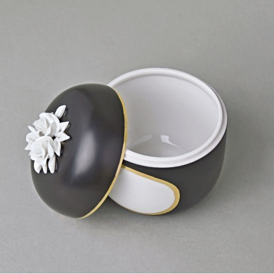 Dóza s bílými růžemi 11 x 9 cm + okénko pro nápis, Černý fond + zlato, Porcelán Duchcov