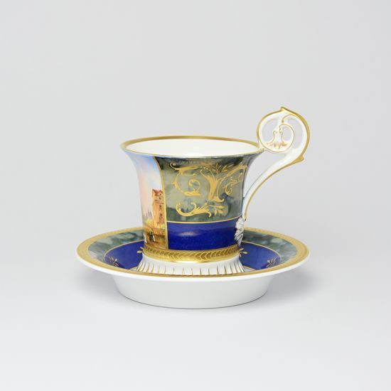 Cup and Saucer Johan, Prague 1848, 200 ml, Gold Etching, hand-painted by Roman Široký, Haas a Czjzek Porcelain