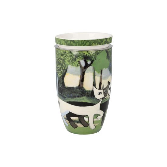 Hrnek 0,45 l se sítkem a víčkem Una passeggiata nel verde, 11,5 / 8 / 14 cm, jemný kostní porcelán, R. Wachtmeister, Kočky Goebel