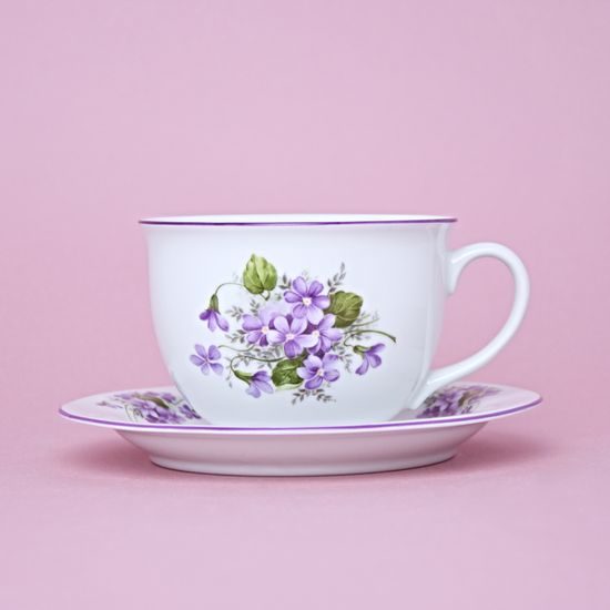 Olga: Šálek 400 ml snídaňový a podšálek 19 cm, fialky, Český porcelán a.s.