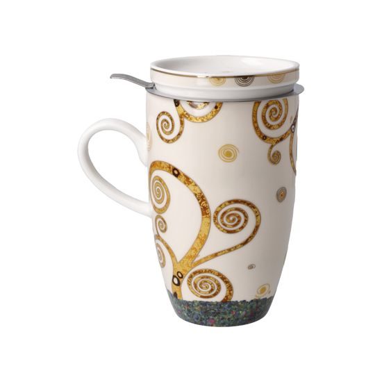 Tea Cup 0,4 l with Lid and Strainer Gustav Klimt - The Kiss, 11,5 / 8 / 14 cm, Fine Bone China, Goebel