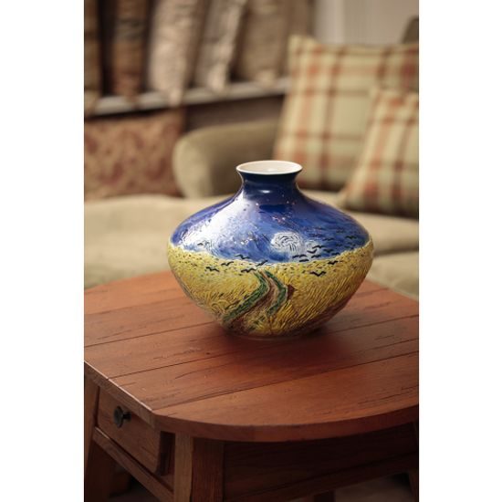 Van Gogh Wheatfield with Crows design sculptured porcelain mid size vase 26 cm, FRANZ Porcelain