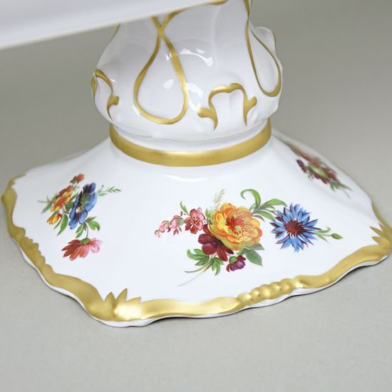 Podnos sandwichový na noze 36 cm, kytičky + matné zlato, QueensCrown porcelán