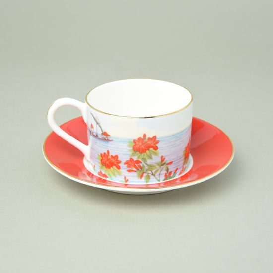 Blenheim Palace - Indian Room, Red flowers: Cup 200 ml and saucer breakfast, English Fine Bone China, Roy Kirkham