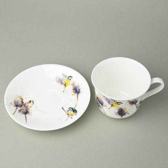 Ptáčci na bodláku: Šálek 420 ml a podšálek 17 cm snídaňový, anglický kostní porcelán Roy Kirkham