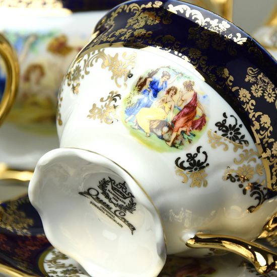 Tea set for 6 pers., The Three Graces + gold + COBALT, Queens Crown porcelain