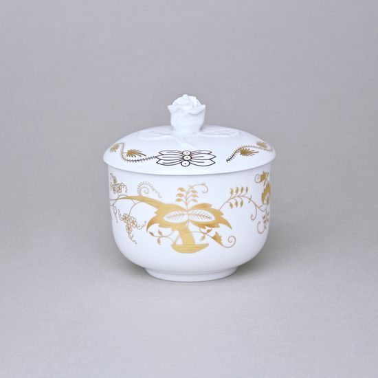 Cukřenka bez oušek s víčkem bez výřezu 200 ml, zlatý Cibulák, Český porcelán z Dubí