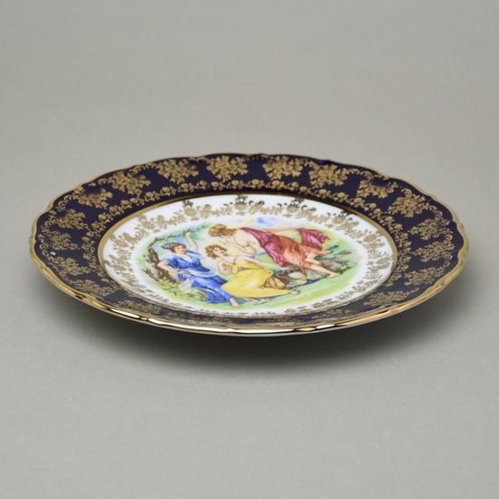 Talíř dezertní 21 cm, Tři Grácie, zlatý listr + kobalt, Queens porcelán