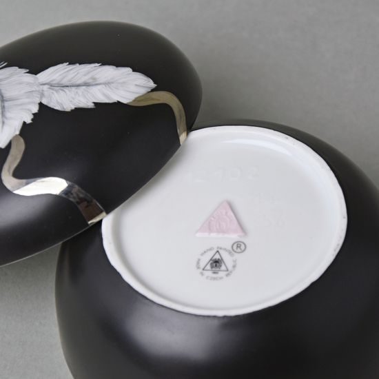 Dóza s pírky a platinovou stuhou, nízká, 7 x 10,3 cm, Černý fond + Platina, Porcelán Duchcov