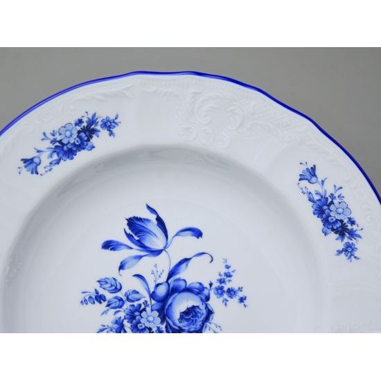 Talíř hluboký 23 cm, Thun 1794, karlovarský porcelán, BERNADOTTE modrá růže, MODRÁ linka