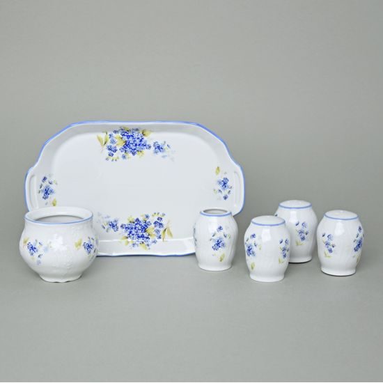 Cruet set 6 pcs., Thun 1794 Carlsbad porcelain, BERNADOTTE Forget-me-not-flower