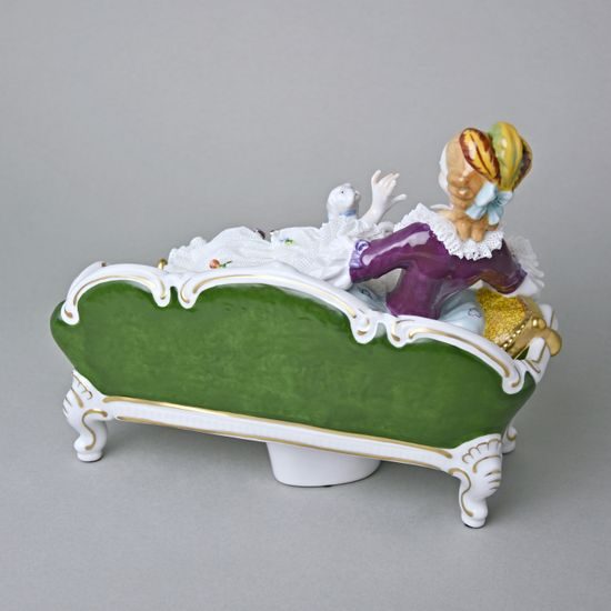 Pejsek na klíně dámy s krajkou 21 x 12 x 16 cm, Kurt Steiner, Porcelánové figurky Unterweissbacher
