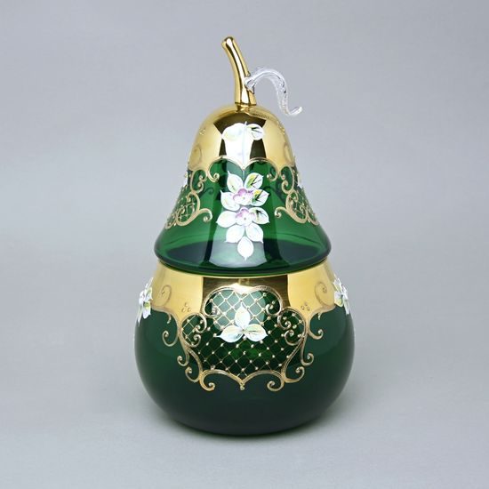 Dose "Pear" round, dark green 28 cm, emanel + gold, Nový Bor glass