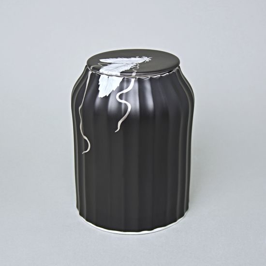 Dóza / Urna Dora s pírky a platinovou stuhou 16 x 12 cm, Černý fond + platina, Porcelán Duchcov