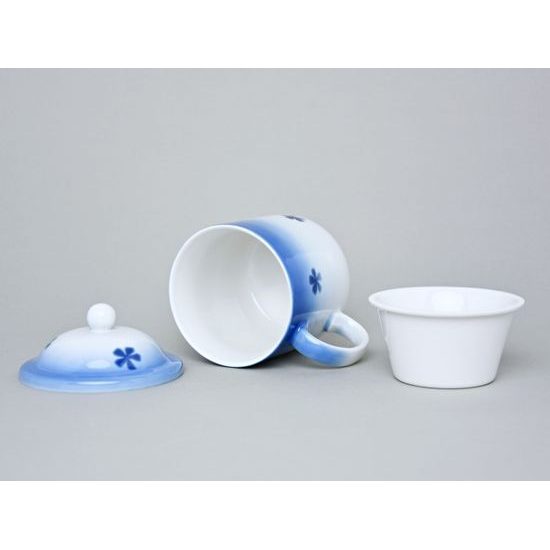 Souprava Pinta, hrnek na čaj s víčkem a sítkem, Thun 1794, karlovarský porcelán, BLUE CHERRY