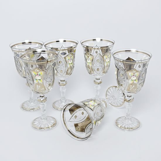 Cut Crystal Wine Glasses - set 6 pcs, Platinum + Enamel, Jahami Bohemia