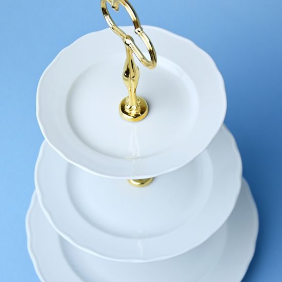 Etažer třídílný - talíře plné / zlacená tyčka, Bílý porcelán, Český porcelán a.s.