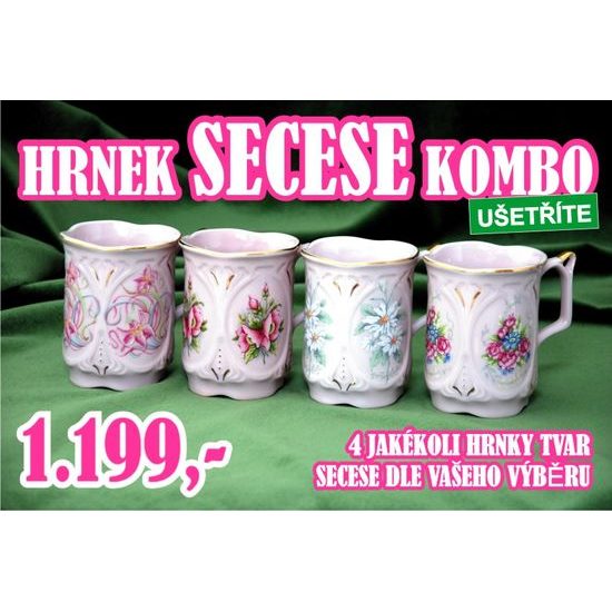 Secese KOMBO - 4 různé hrnky secese, Růžový porcelán z Chodova