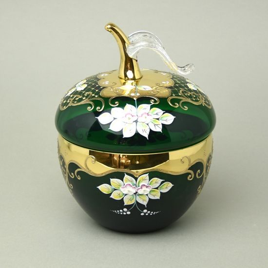 Křišťálová dóza "Jablko" kulatá velká - ZELENÁ, v. 22 cm, zlato + smalt, Jahami Bohemia
