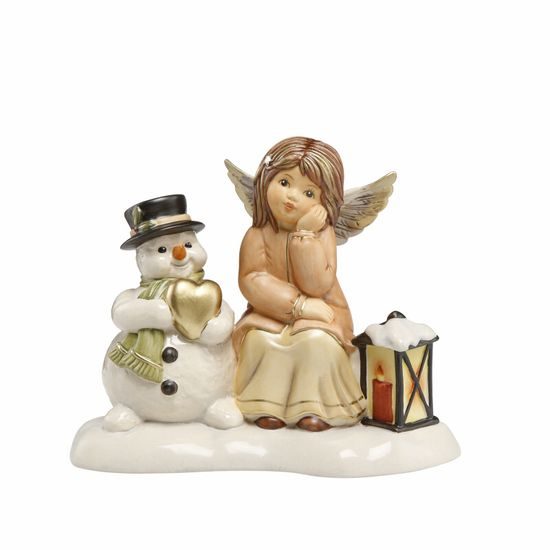 Figurky andělů: Anděl se sněhulákem 13 cm, kamenina Goebel