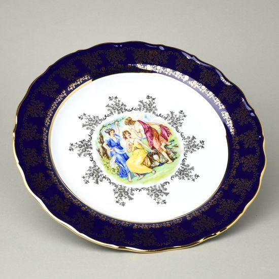 Dish round flat 31 cm (club plate), The Three Graces + gold + COBALT, Queen's crown porcelain